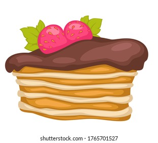 Sweets baked and layered cake with chocolate frosting and strawberry decoration. Isolated icon of dessert for cook book or menu in restaurant. Portion of homemade pie with cream, vector in flat