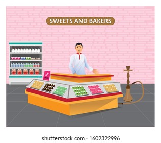 Sweets and bakers shop with salesman