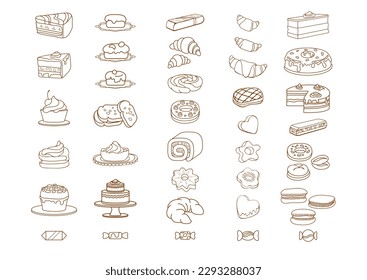 Sweets and bakery. Big collection of colorful sweets, desserts, and confectionery. Hand-drawn outline design elements. Vector illustrations.