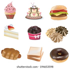 Sweets, bakery, cake cupcake muffin, and hotdog fast food collection icon set, create by vector 