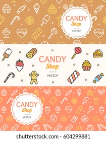 Sweets and Bakery Candy Banner Flyer Horizontal Set for Shop and Menu. Vector illustration