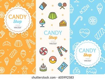 Sweets and Bakery Candy Banner Flyer Vertical Set Tasty Food. Vector illustration