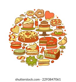 Sweets and bakery. Circle form pattern of colorful sweets, desserts, and confectionery. Sweet goods, biscuits are isolated on white background. Hand-drawn flat design elements. Vector illustrations.