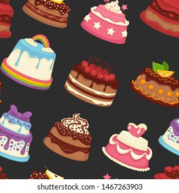 Sweets and bakery with creamy toppings seamless pattern vector isolated on black background cakes and biscuits with chocolate, and cocoa slices of orange and strawberry berries mousse confectionery