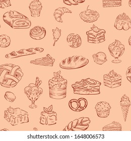 Sweets, bakery , croissant, ice cream food vector seamless retro pattern . Concept for print, wallpaper, wrapping paper, cards, menu 