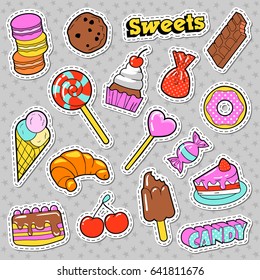 Sweets and Bakery Doodle. Candies, Ice Cream and Macaroon. Vector badges, patches and stickers