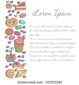 Sweets bakery doodles text border text divider set of confectionery food symbols