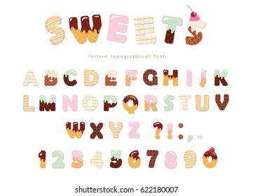 Sweets bakery font design. Funny latin alphabet letters and numbers made of ice cream, chocolate, cookies, candies. For kids birthday anniversary or baby shower decoration. 