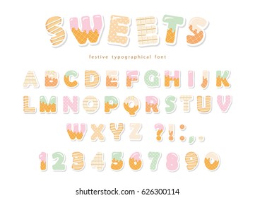 Sweets bakery font design. Funny latin paper cutout alphabet letters and numbers made of ice cream, chocolate, cookies, candies. For kids birthday anniversary or baby shower decoration.
