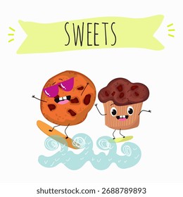Sweets, bakery funny characters, hand drawn vector illustration.