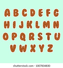 Sweets bakery or ice cream font design. Funny latin alphabet letters and numbers made of ice cream, chocolate, cookies, candies. For kids birthday anniversary or baby shower decoration.