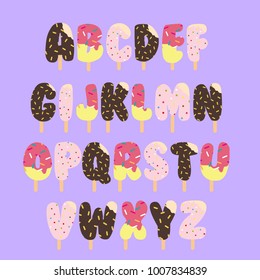 Sweets bakery or ice cream font design. Funny latin alphabet letters and numbers made of ice cream, chocolate, cookies, candies. For kids birthday anniversary or baby shower decoration.