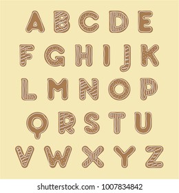 Sweets bakery or ice cream font design. Funny latin alphabet letters and numbers made of ice cream, chocolate, cookies, candies. For kids birthday anniversary or baby shower decoration.