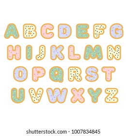 Sweets bakery or ice cream font design. Funny latin alphabet letters and numbers made of ice cream, chocolate, cookies, candies. For kids birthday anniversary or baby shower decoration.