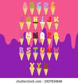 Sweets bakery or ice cream font design. Funny latin alphabet letters and numbers made of ice cream, chocolate, cookies, candies. For kids birthday anniversary or baby shower decoration.