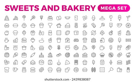 Sweets and Bakery icon set. Food icon collection. Containing meal, restaurant, dishes, and fruit icons. Set of outline icons related to food and drink. Linear icon collection. Outline icon collection.