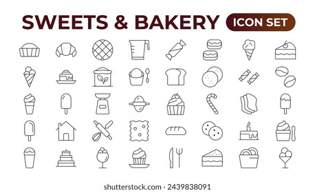 Sweets and Bakery icon set. Food icon collection. Containing meal, restaurant, dishes, and fruit icons. Set of outline icons related to food and drink. Linear icon collection. Outline icon collection.