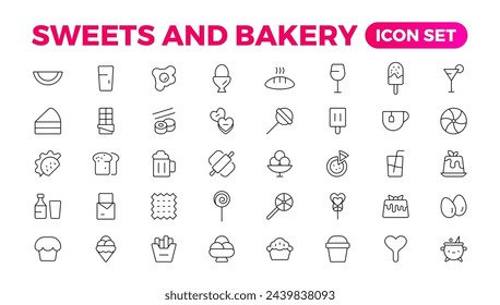 Sweets and Bakery icon set. Food icon collection. Containing meal, restaurant, dishes, and fruit icons. Set of outline icons related to food and drink. Linear icon collection. Outline icon collection.