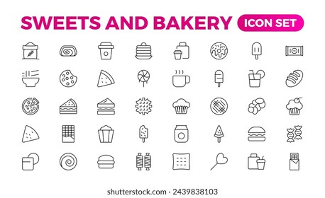 Sweets and Bakery icon set. Food icon collection. Containing meal, restaurant, dishes, and fruit icons. Set of outline icons related to food and drink. Linear icon collection. Outline icon collection.