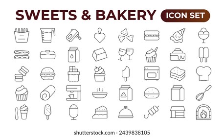 Sweets and Bakery icon set. Food icon collection. Containing meal, restaurant, dishes, and fruit icons. Set of outline icons related to food and drink. Linear icon collection. Outline icon collection.