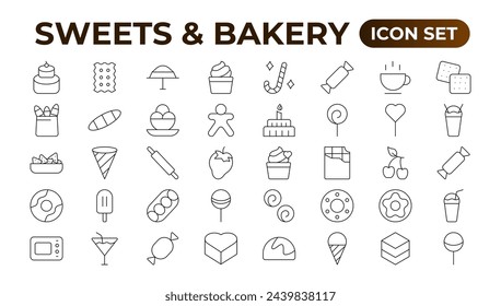 Sweets and Bakery icon set. Food icon collection. Containing meal, restaurant, dishes, and fruit icons. Set of outline icons related to food and drink. Linear icon collection. Outline icon collection.