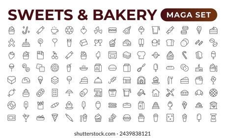 Sweets and Bakery icon set. Food icon collection. Containing meal, restaurant, dishes, and fruit icons. Set of outline icons related to food and drink. Linear icon collection. Outline icon collection.