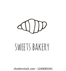 Sweets bakery logo with croissant in hand drawn style. Vector illustration