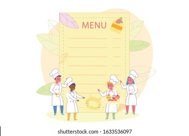 Sweets and Bakery Menu List from Children Cook Chef. Cartoon Characters Multi-Ethnic Kids Cooker Team in White Hats and Uniform with Lots of Desserts. Flat Design Layout. Vector Illustration