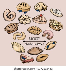 sweets, bakery, rolls and pies, set of sketches colorful, hand drawing style, vector illustration