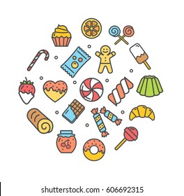 Sweets and Bakery Round Design Template Icon Thin Line Set for Menu Cafes, Restaurants. Vector illustration