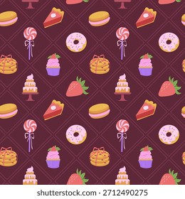 Patrón sin fisuras de panadería de dulces. Pastelería en un fondo marrón con galletas, pastel, donut, caramelo, magdalena, pastel. Ilustración vectorial para papel de embalaje, paquete, impresión textil.	