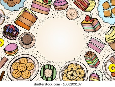 Sweets and bakery set. Hand drawing on a white background. Vintage engraving art illustration. Vector sketch. Food and restaurant design. For signs of confectionery or bakery, cafe or restaurant menu.