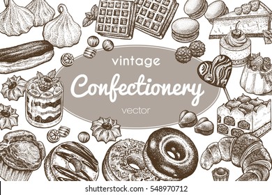 Sweets and bakery set. Hand drawing on a white background. Vintage engraving art illustration. Vector sketch. Food and restaurant design. For signs of confectionery or bakery, cafe or restaurant menu.