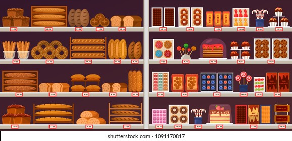 Sweets and bakery stall or showcase at shop