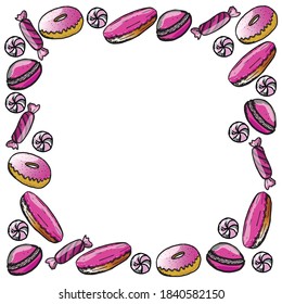 Sweets banner. Isolated elements on a white background. Sweets frame: candies, lollipops, passionfruit and eclairs. It can be suitable for a sweet menu and decoration of a poster in the room.