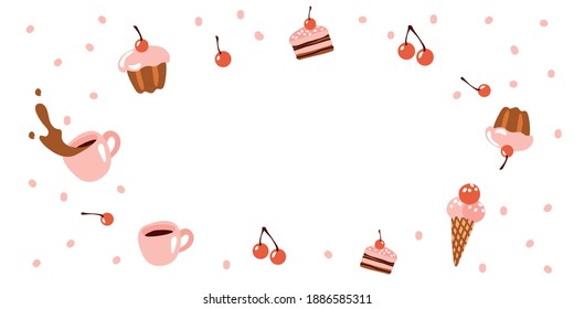 Sweets banner in modern flat design and copy space. Ice cream, coffee mug, cupcake and cherries isolated on white background. Background for bakery, holiday, birthday