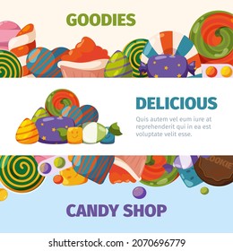 Sweets banners. Candies with chocolate and sugar biscuits and lolipop confectionary garish vector advertizing promotional pictures