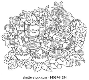 Sweets, berries, cherries hand drawn vector doodles illustration. Nature and food elements and objects cartoon background. Bright colors funny picture