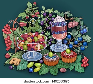Sweets, berries, cherries hand drawn vector doodles illustration. Nature and food elements and objects cartoon background. Bright colors funny picture