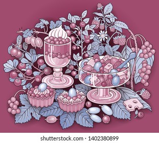Sweets, berries, cherries hand drawn vector doodles illustration. Nature and food elements and objects cartoon background. Bright colors funny picture