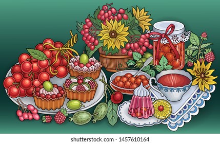 Sweets, berries, fruits, drinks, flowers hand drawn vector doodles illustration. Nature and food elements and objects cartoon background