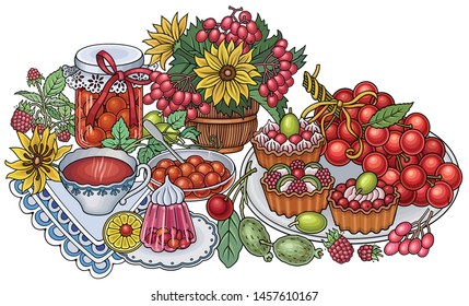 Sweets, berries, fruits, drinks, flowers hand drawn vector doodles illustration. Nature and food elements and objects cartoon background. 