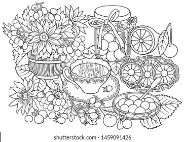 Sweets, berries, fruits, drinks, flowers hand drawn vector doodles illustration. Nature and food elements and objects cartoon background. 