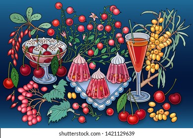 Sweets, berries, fruits, drinks hand drawn vector doodles illustration. Nature and food elements and objects cartoon background. Bright colors funny picture