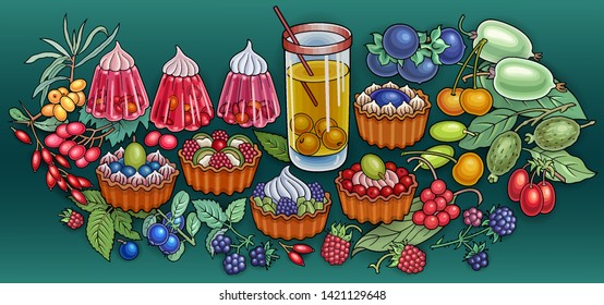 Sweets, berries, fruits, drinks hand drawn vector doodles illustration. Nature and food elements and objects cartoon background. Bright colors funny picture