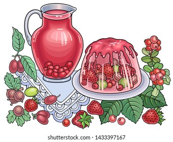 Sweets, berries, fruits, drinks hand drawn vector doodles illustration. Nature and food elements and objects cartoon background.  