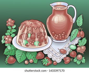Sweets, berries, fruits, drinks hand drawn vector doodles illustration. Nature and food elements and objects cartoon background.  
