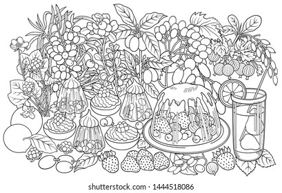 Sweets, berries, fruits, drinks hand drawn vector doodles illustration. Nature and food elements and objects cartoon background.  