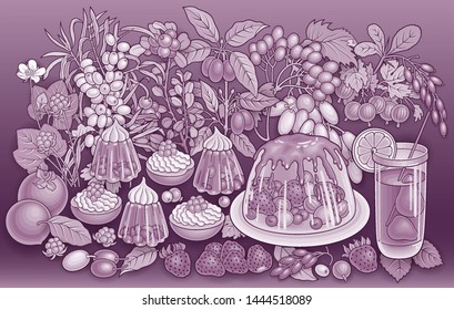 Sweets, berries, fruits, drinks hand drawn vector doodles illustration. Nature and food elements and objects cartoon background.  