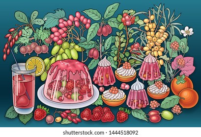 Sweets, berries, fruits, drinks hand drawn vector doodles illustration. Nature and food elements and objects cartoon background.  